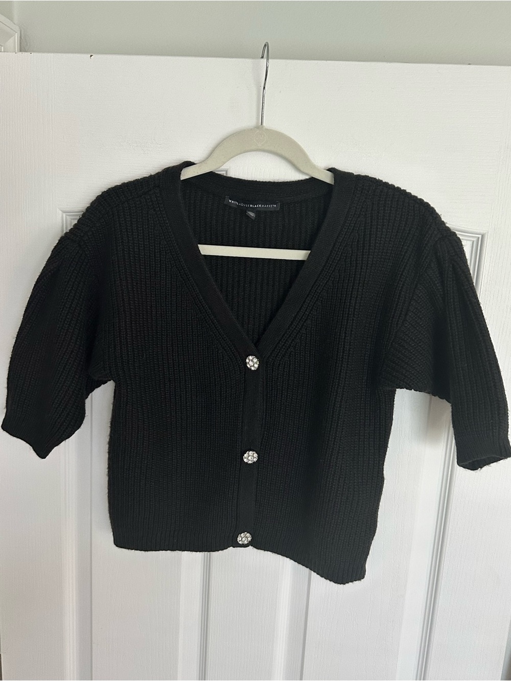 White House Black Market NWOT Black Cropped Jeweled Button Cardigan
